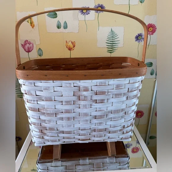 Longaberger Vintage 1991 Footed Magazine Basket with Wooden Feet, Chalk Painted